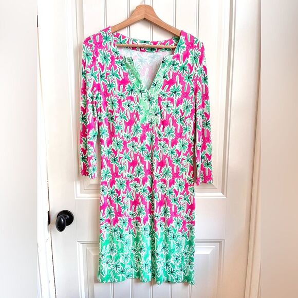 Crown & Ivy Palm Tree Dress Pink Green Size Small 3/4 sleeves split v neck - Picture 2 of 5